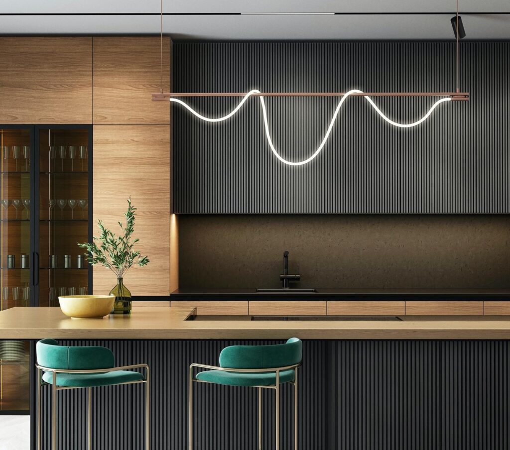 a kitchen in black and green colors
