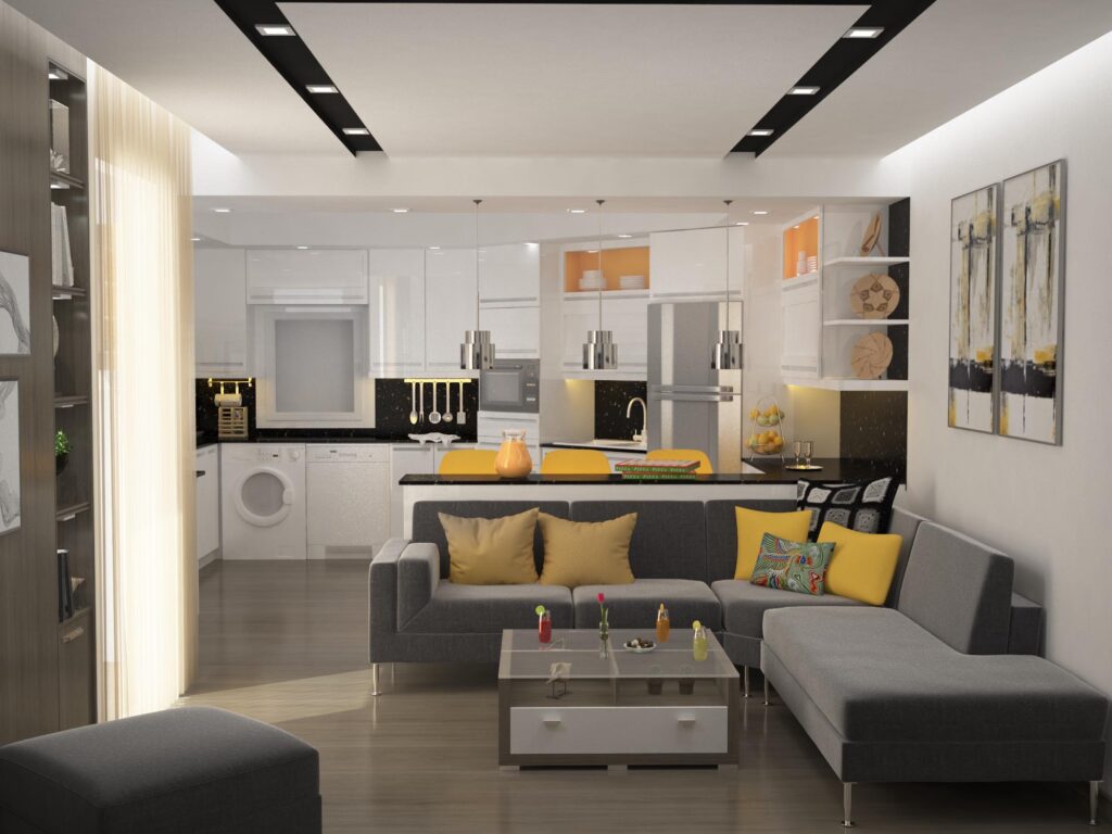 yellow kitchen and living room