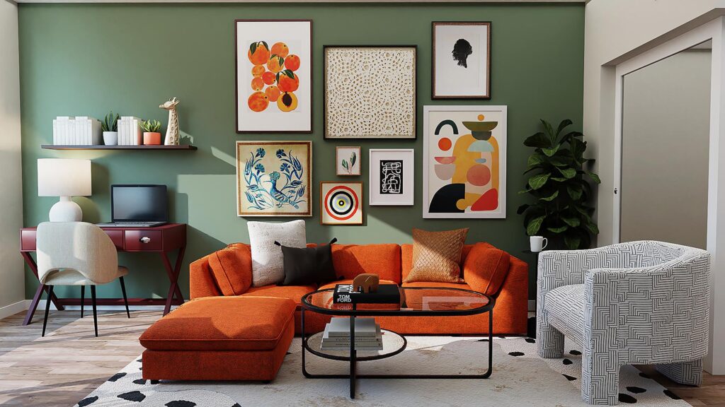 an orange sofa in a living room
