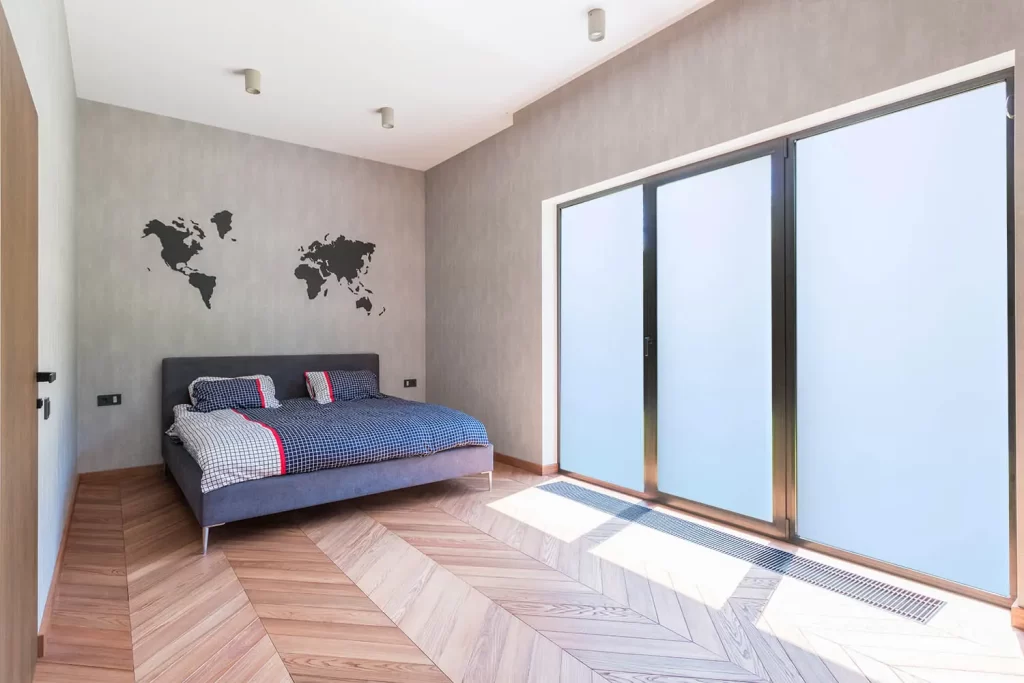 LCD privacy glass in a bedroom after